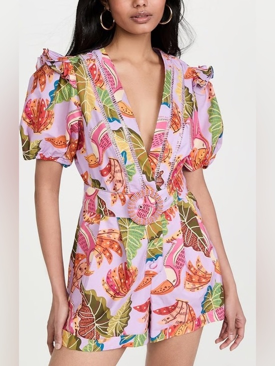 FARM Rio Pants - Farm Rio Colorful Tropical Print Belted Romper - Lavender Base